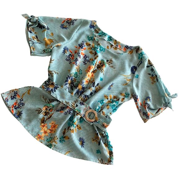 Floral Tops - Floral Short Sleeve Blouse with Buckle Belt – Blue – No Size Tag (Approx. S-M)